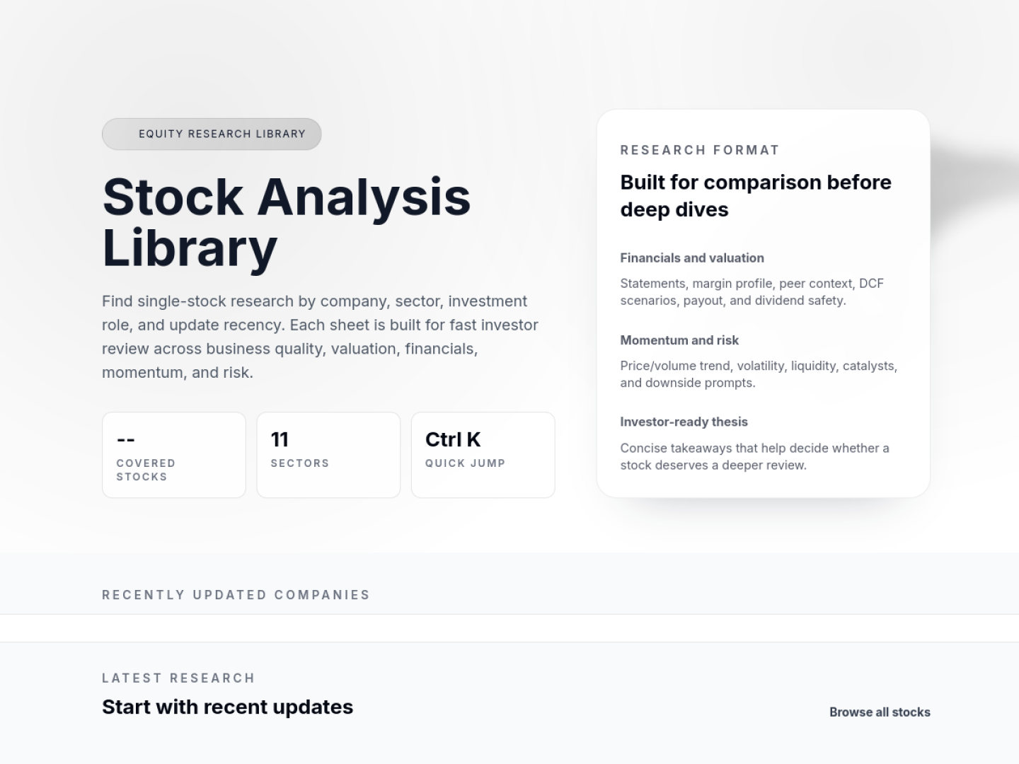 Live Ravenstone Stock Analysis Library showing its research filters and comparison-first format